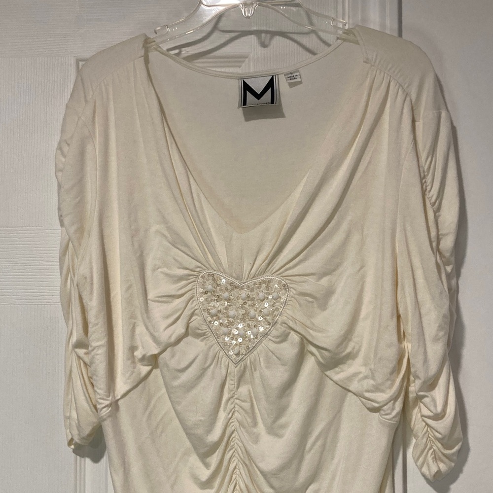 Marc Bouwer ruched sequined heart knit top 💕 L